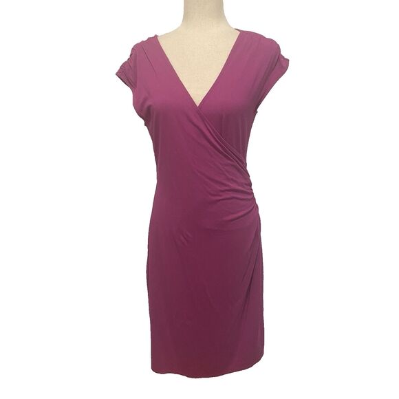 Ann Taylor Faux Wrap Dress Raspberry Sleeveless Side Rouching Midi Career Size M - Picture 1 of 8